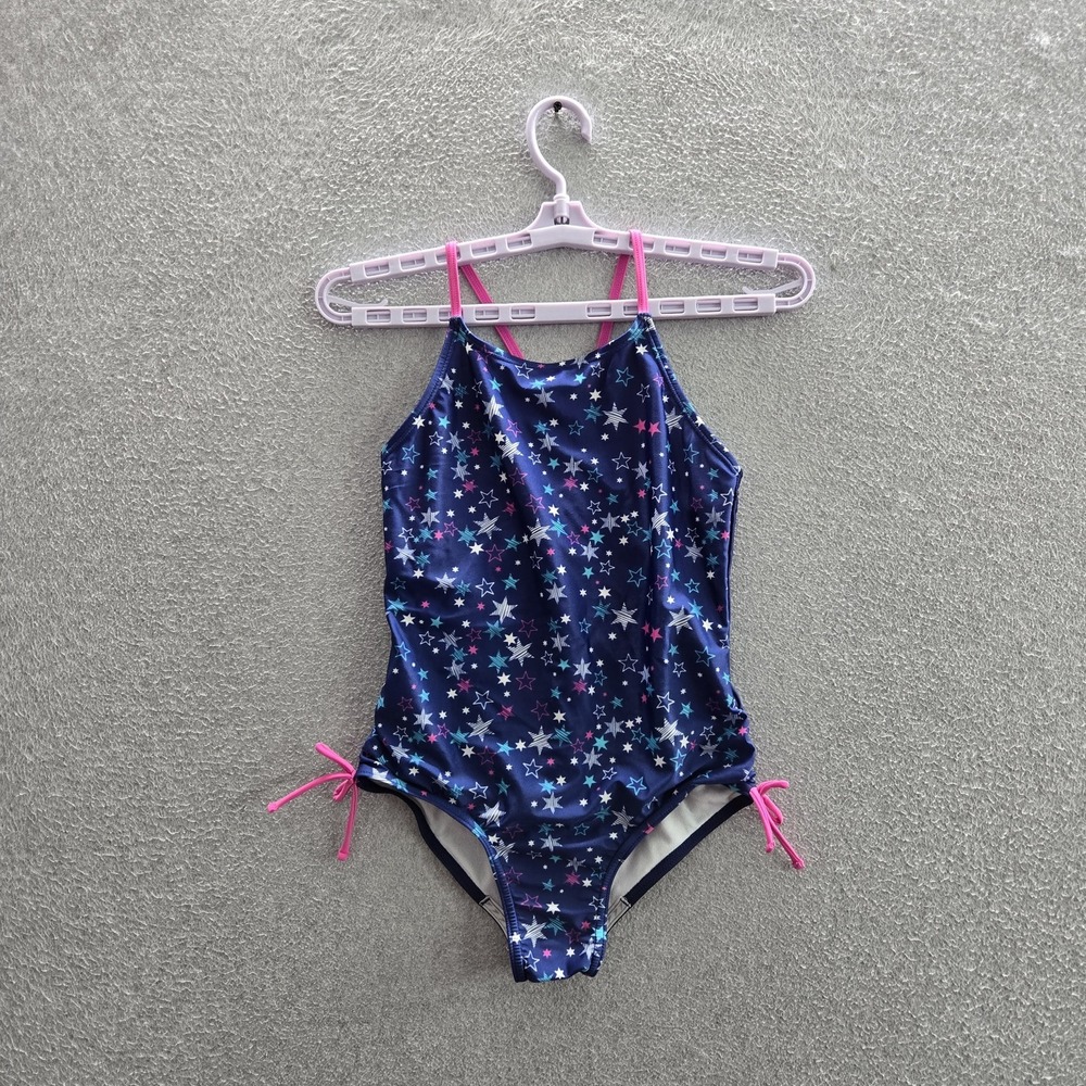 Speedo Girls Swimwear L Navy One-Piece Swimsuit Graphic Stars Strap Sleeveless